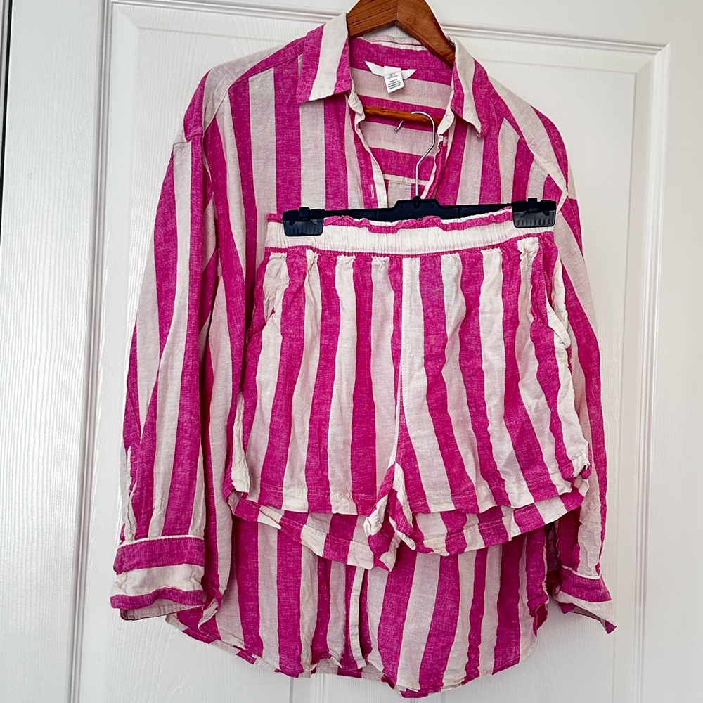 H&M Pink/ White Strip Shirt and Shorts Linen Set